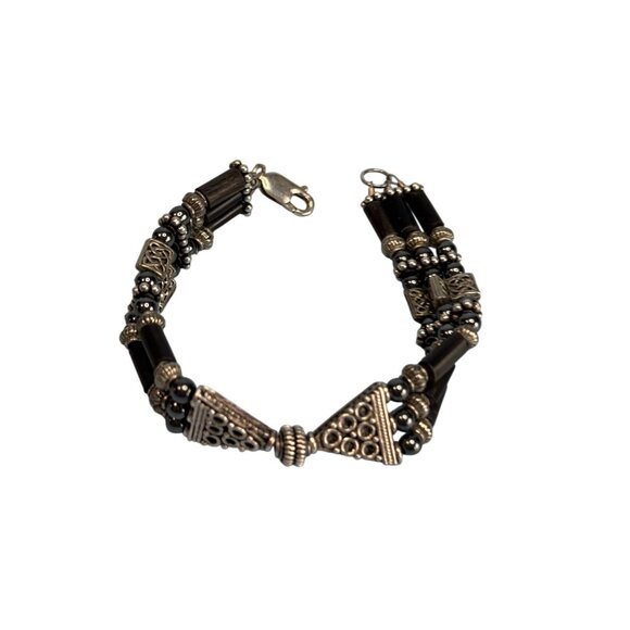 Sterling Silver & Hematite Beaded Bracelet 7" Long 3/4" Wide Triangular Accents - Picture 1 of 5